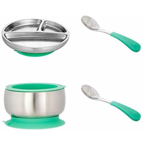 Avanchy Stainless Steel Toddler Feeding Divided Plate, Bowl & Spoons + Silicone Suction, Infant, Kid or Child Plates. 18/8, BPA Free, BPS Free, Lead Free and Phthalate Free. (Green Gift Set)