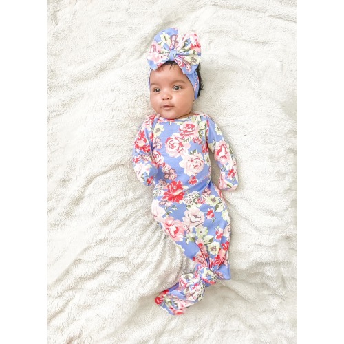 Floral Baby gown, knotted gown, going home outfit, baby shower gift, newborn gown, baby gown, baby tie gown, baby gown coming home outfit