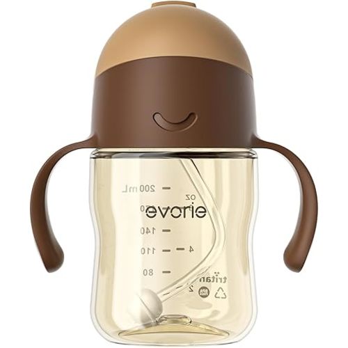 Evorie Tritan Weighted Straw Sippy Cup with Handles for Baby and Toddlers 6 months up, 7 Oz Soft Silicone Straw Infant First Training Water Bottle (Brown)