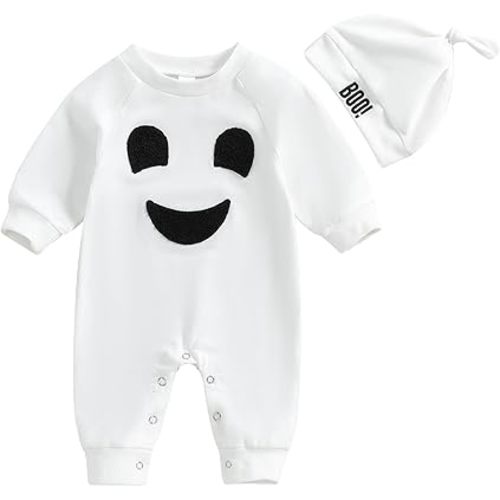 Ledy Champswiin 2Pcs Neutral Outfits Newborn Baby Boy Girl Pumpkin Romper Jumpsuit My 1st Halloween Clothes with Hat
