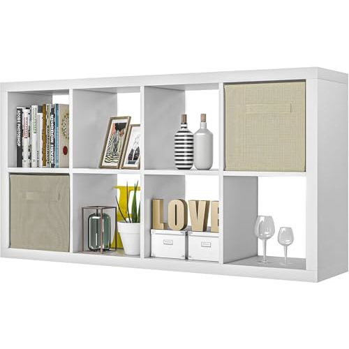 Bookshelf with Storage Bins, 8-Cube Storage Organizer with Back Panels, Modern Wood Open Bookcase, Multifunctional Display Shelf for Living Room, Bedroom, Home Office, White