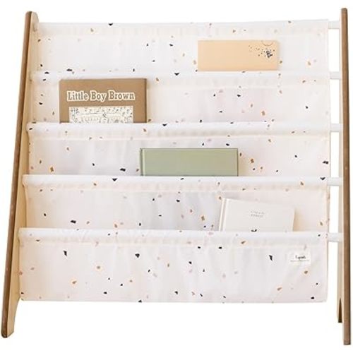 3 Sprouts Recycled Fabric Kids Bookshelf – 4-Tier Sling Book Rack Storage - Kids Room Book Shelves, Nursery, Playroom, Classroom - Bookcase Display Shelf for Toddler, Children Age 3+ - Terrazzo Cream