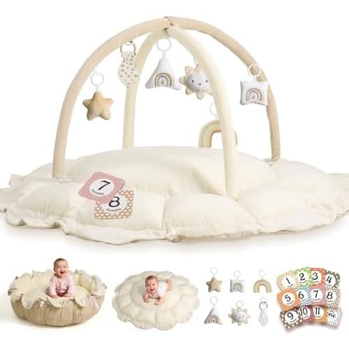 5-in-1 Thick & Plush Baby Play Gym, Baby Play Mats for Floor, Tummy Time Mat with 6 Toys, Convertible Stage-Based Developmental from Babies to Toddlers, No Ball Included, Cream