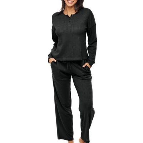 Adr Women's Ribbed Knit Pajamas Set Set With Pockets, Drop Shoulder Sleepshirt And Pajama Thermal Underwear Pants Black Small
