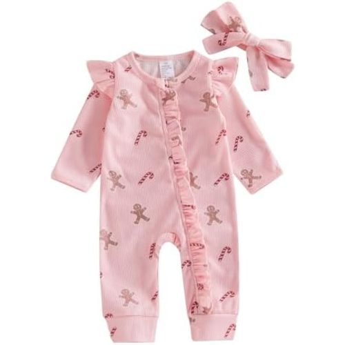 Newborn Baby Girl Christmas Outfit Waffle Knit Santa Candy Jumpsuit Romper Ruffle Bodysuit Long Overalls with Bow