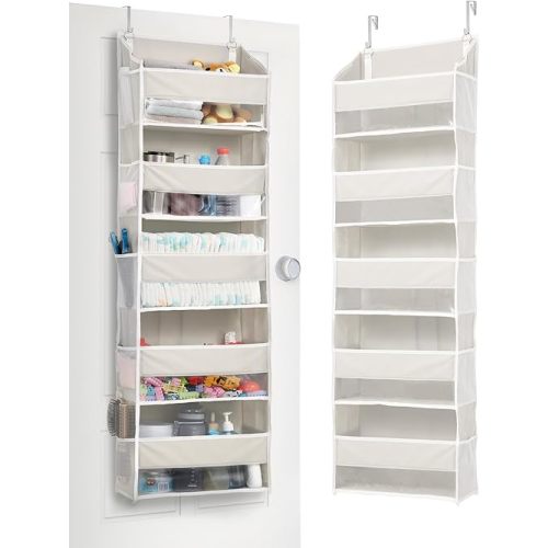 ULG 1-Pack Over Door Organizer with 5 Large Pockets 10 Mesh Side Pockets, 44 lbs Weight Capacity Hanging Storage Organizer with Clear Window for Bedroom Bathroom Kitchen, RV, Camper, Beige