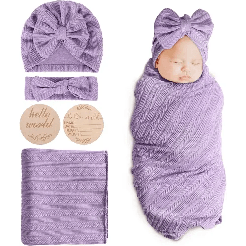 DRESHOW BQUBO Baby Swaddle Blankets for Girls, 4PCS Newborn Accessories Set with Matching Hat and Bow Headband with Hello World Wooden Birth Announcement Card, Baby Blankets for Girls (Purple)