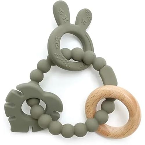 | Bohemian Teether | Baby Teether | Sensory Exploration and Teething Relief | 100% Food-Grade Silicone Teether Toy | BPA Free | Chewbeads | Silicone with Beechwood Ring | (Sage)