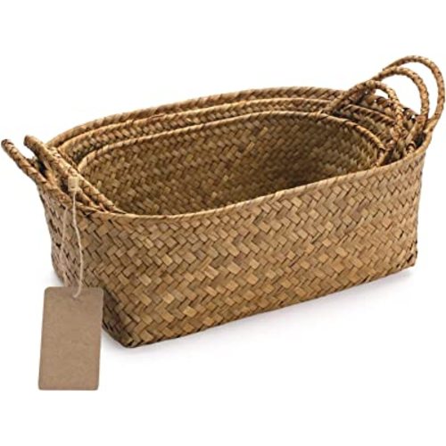 Seagrass Woven Baskets for Storage Natural Shelf Basket with Handle for Organizer Stackable Oval Set of 3 (Large+Medium+Small)