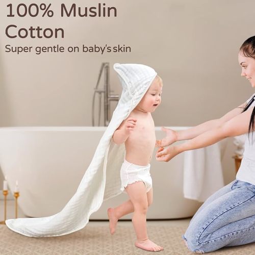 Yoofoss Hooded Baby Towels for Newborn 2 Pack 100% Muslin Cotton Baby Bath Towel with Hood for Babies, Infant, Toddler and Kids, Large 32x32Inch, Soft and Absorbent Newborn Essential - White-2 Pack