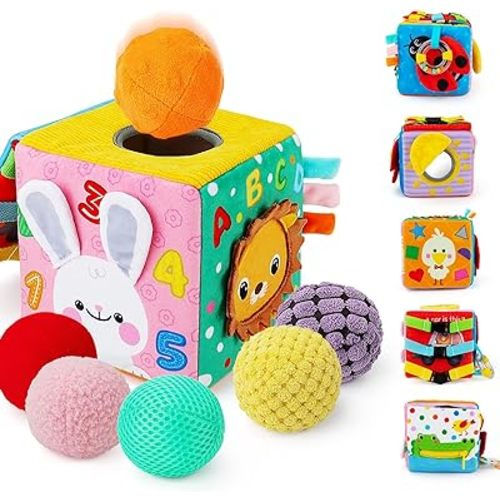 beetoy Sensory Busy Cube for Baby, Montessori Infant Toys with Textured Sensory Balls, Early Learning Travel Toys for Fine Motor Skills, Perfect Newborn Boy and Girl Gift