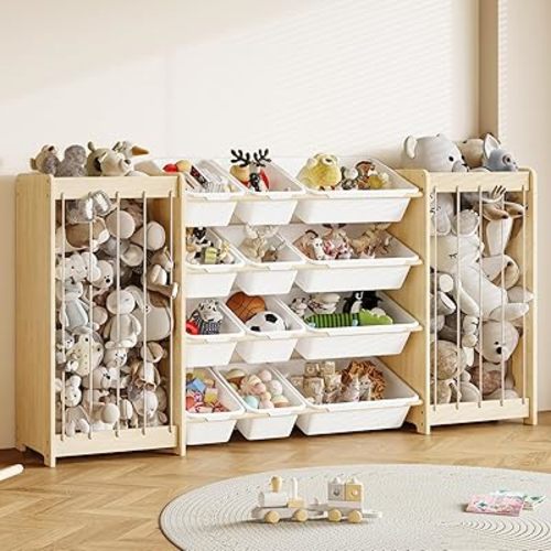 EXPERLAM Large Toy Storage Organizer, Wooden Stuffed Animal Storage & 12-Bins Toy Organizer, Double-Sided Plush Toy Holder Featuring Thicker Ropes, Space Save Playroom Nursery Bedroom Storage, White