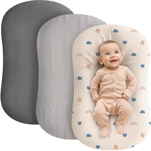 Muslin Baby Lounger Cover - 3 Pack Organic Cotton Baby Pillow Lounger Cover for Newborn - Soft and Breathable Infant Pillow Lounger Cover - Covers Only