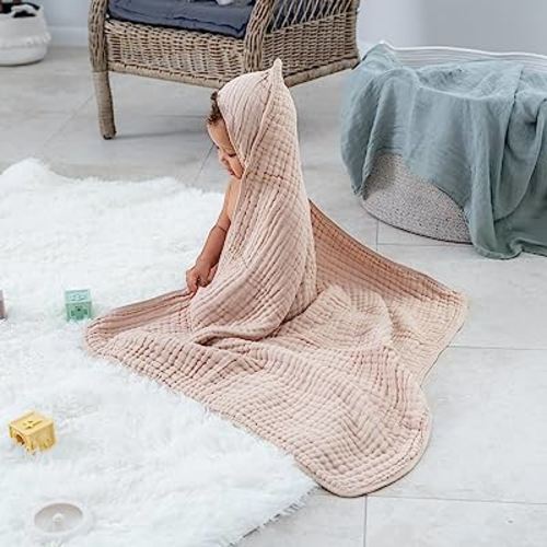 Comfy Cubs 2 Pack Baby Hooded 9 Layer Muslin Cotton Towel for Kids, Large 32” x 32”, Ultra Soft, Warm, and Absorbent. Baby Essentials Bath Towels, Cute Unisex Cover for Girls and Boys (2 Pack, Blush)