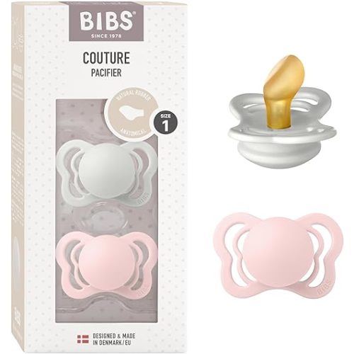 BIBS Couture Baby Pacifier 2-Pack | Made in Denmark | BPA Free Dummy Soother, Anatomical Nipple. Natural Rubber Latex, Size 1 (0-6 Months), Haze / Blossom