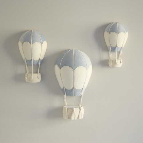 Hot Air Balloon Wall Decor Set – Handmade Nursery Wall Hanging, Baby Room & Playroom Decoration, Blue and White Kids Room Decor