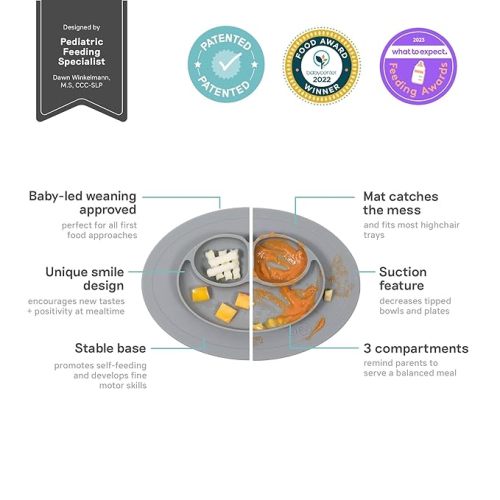ezpz Mini Mat for 12 Months+ (Gray) - 100% Silicone Placemat + Plate with Suction for Infants + Toddlers - Supports Baby-Led Weaning - for Highchair, Dining Table and Travel