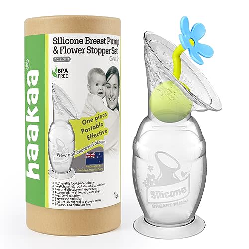 haakaa Manual Breast Pump Hand Pump Milk Pump Breast Milk Collector with Suction Base and Flower Stopper 100% Food Grade Silicone BPA Free (4oz/100ml) (Blue)