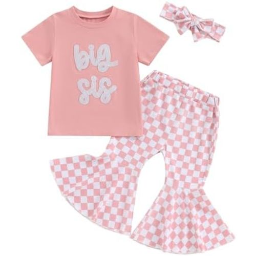 Big Sister Little Sister Matching Outfits Summer Clothes Short Sleeve Romper Big Sister Shirt Bell Bottoms Set