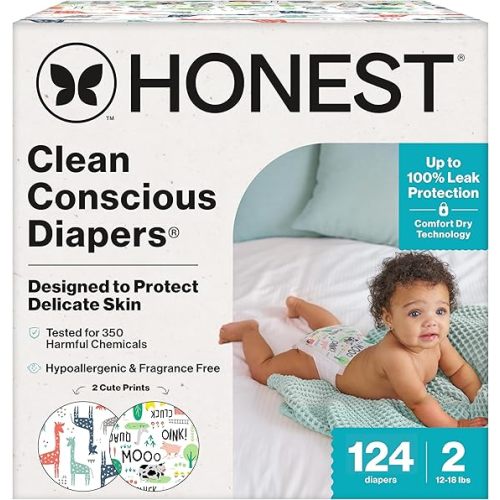 The Honest Company Clean Conscious Diapers for Delicate Skin | Up to 100% Leakproof | Hypoallergenic, Fragrance Free | Gender Neutral | Super Club Box, Size 2 (12-18 lbs), 124 Count (Prints May Vary)