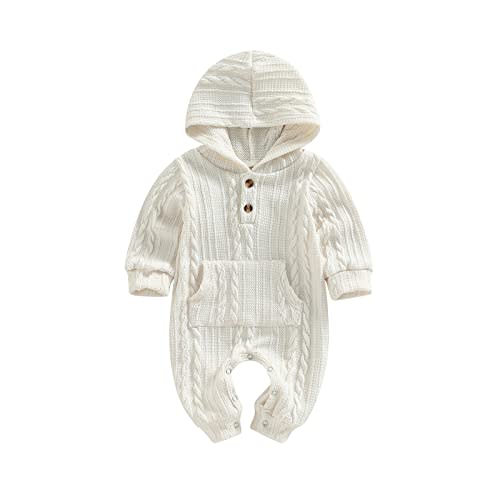 Infant Boys Girls Knit Sweater Romper Baby Toddlers Long Sleeve Hooded Button Up Winter Outfits with Pocket