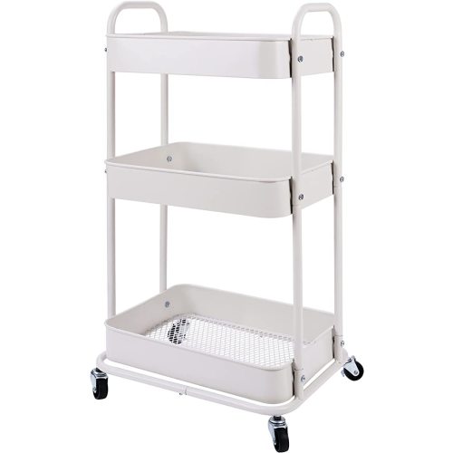 YOHKOH 3-Tier Metal Rolling Utility Cart, Storage Trolley Cart with Mesh Baskets and Lockable Wheels for Bathroom Kitchen Office(White)