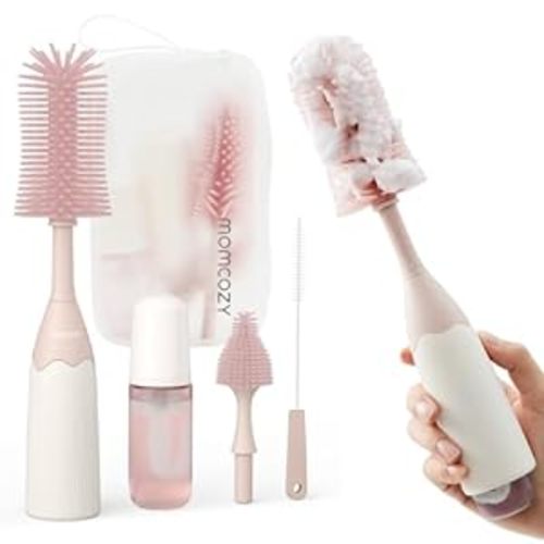 Momcozy Bottle Brush Kit, Innovative Push-Press Design for Better Cleaning - Baby Bottle Cleaner Brush for Baby Bottle, Breast Pumps, Nipples, and More - Can Generate Foam for Better Cleaning, Pink - Press Bubble Style