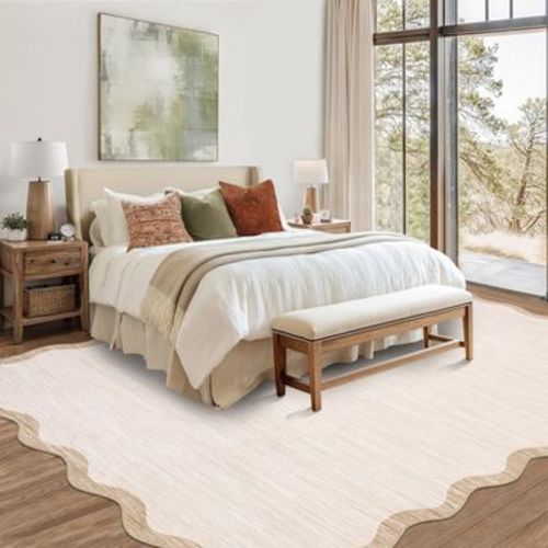 Modern Washable Scalloped Rug with Non Slip Backing, Neutral Farmhouse Soft Low Pile Carpet, Ultra Thin Non Shedding Floor Covering for Living Room