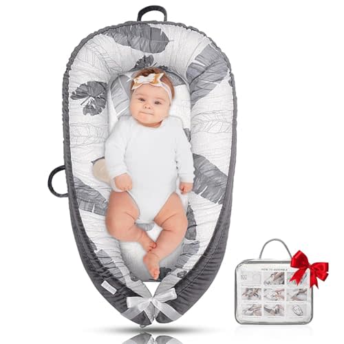 JOCUTE Baby Lounger - Baby Lounger for Newborn 0-24 Months, Ultra Newborn Babies Essentials Gifts, Baby Snuggle Nest Me Baby Lounger, Lightweight Infant Baby Lounger Cover (Grey Leaves)