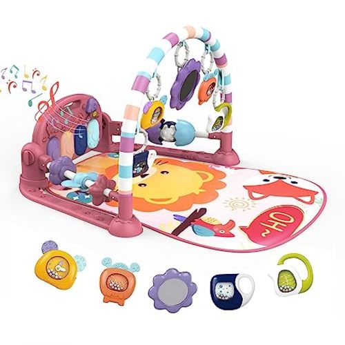 dearlomum Baby Play Mat Baby Gym,Funny Play Piano Tummy Time Baby Activity Mat with 5 Infant Sensory Baby Toys, Music and Lights Boy & Girl Gifts for Newborn Baby 0 to 3 6 9 12 Months (New Pink) - Lion (Pink)