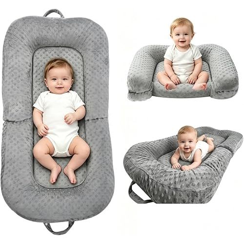 Baby Lounger for Newborn,0-12 Months,Foldable Soft Infant Lounger Pillow for Home and Travel, Baby Nest Lounger with Cover,Multi-Use Portable Baby Lounger for Supervised Play&Tummy Time, Grey