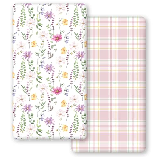 Horaldaily 2 Pack Fitted Crib Sheet for Boys Girls,Soft Breathable Washable Jersey Microfiber Baby Crib Sheet, Fits Standard Size Crib Mattress 28in x 52in, Floral Plaid Nursery Sheet Pink/White