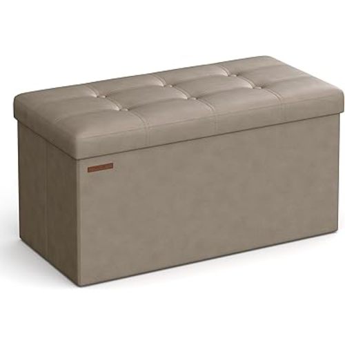 SONGMICS Mazie Collection - 30 Inches Folding Storage Ottoman Bench, Ottoman with Storage, Foot Rest Stool, Load 660 lb, for Living Room, Synthetic Leather, Camel Brown ULSF040R01
