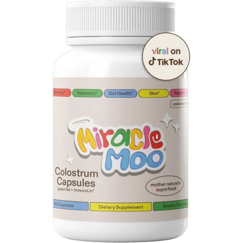 Miracle Moo Colostrum Supplement for Gut Health, Hair Growth, Beauty and Immune Support - Easy to Mix Grass Fed Bovine Powder - Highest IgG Plus ImmunoLin (30 Servings (Capsules))