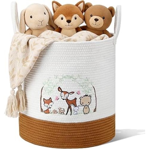 Woodland Animal Nursery Laundry Basket 18 x 15 Inch Cotton Rope Storage Hamper Embroidered Deer Fox Bear Toy Organizer with Handles for Nursery Bedroom Bathroom