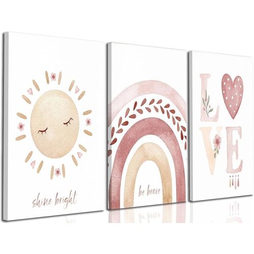 3 Pcs Nursery Canvas Wall Art Pink Sun Rainbow Hearts Posters Prints Boho Kids Room Pictures Wall Decor for Toddlers Children Baby Girl Bedroom Home Decoration