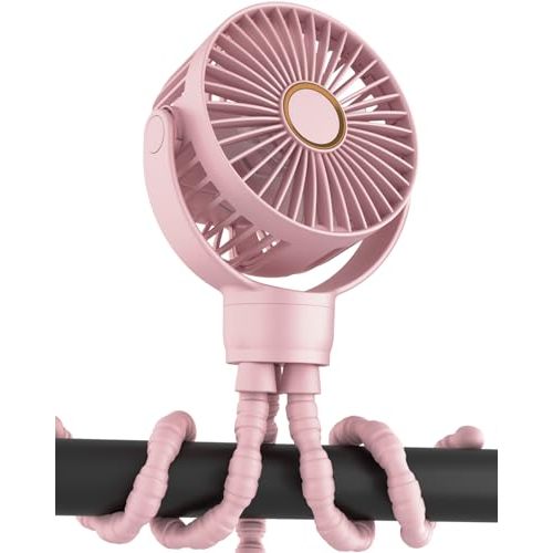 buywoo Portable Stroller Mini Fan, Small Rechargeable Personal Cooler w/ 360 Rotation, 3-Speed, Battery Powered Stroller Accessories, Baby Essentials for Car Seat, Crib, Bike, Treadmill, Light Pink