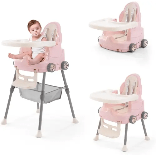 High Chairs for Babies and Toddlers, Portable 3 in 1 High Chair, Adjustable Convertible Compact Infant Baby Feeding Chair Booster with Detachable Double Tray, 5 Point Harness, Foot Rest Pink