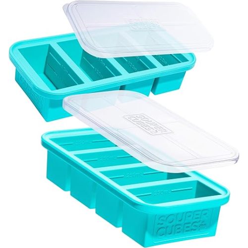 Souper Cubes 1 Cup Silicone Freezer Molds - Soup Cubes Perfect for Freezing Broth, Rice, Leftovers and More - Silicone Freezer Trays with Lids for Meal Prep - Aqua - 2-Pack