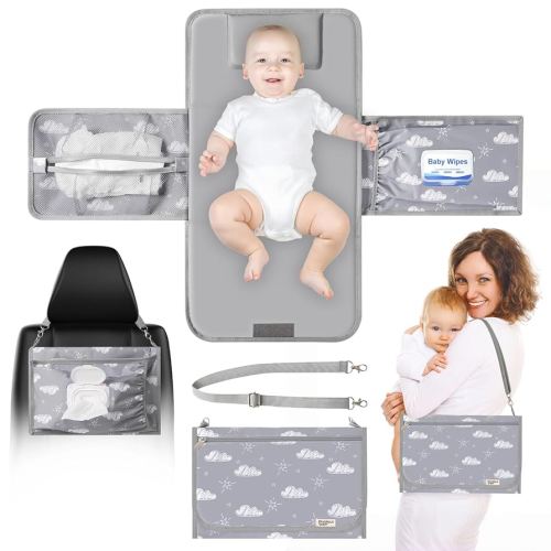 Portable Diaper Changing Pad - Travel Waterproof Baby Changing Mat with Shoulder Strap - Foldable Diaper Changing Station with Wipes Pocket, Bags for Carrying Babies' Accessories