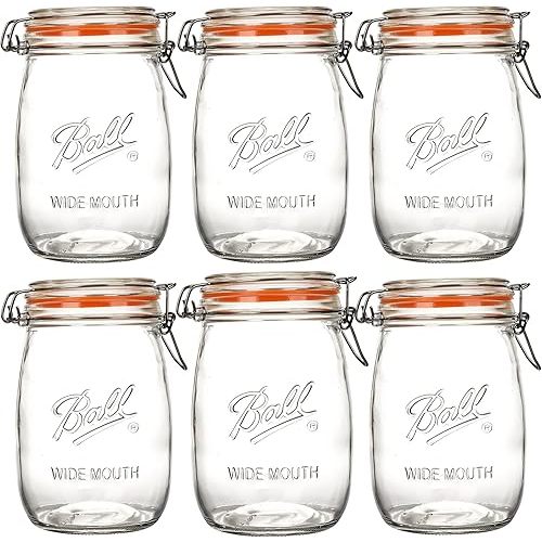 Wide Mouth Mason Jars with Airtight Lid 6 Pack 32oz, Kitchen Canning Jar Storage Large Clear Canister Jars with Hinged Lid with Measurement Marks Glass Mason Jars For Canning,Coffee,Sugar,Beans