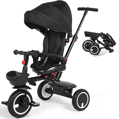 8 In 1 Tricycle for Toddlers 7 Months to 5 Years, Folding Baby Tricycle with Push Handle, Kids Push Trike with Safety Belt, Handrails, Removable Canopy, Storage, Stroller Bike Gift for Toddlers, Black