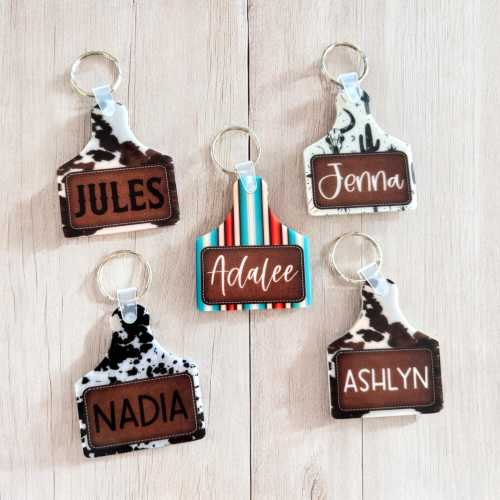 cow tag personalized keychain, western custom keychain for bachelorette box, faux cowhide keychain, diaper bag tag for baby, serape keychain