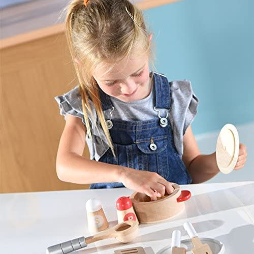 Hape Cook & Serve Set | 13 Piece Wooden Pretend Play Cooking Set with Accessories