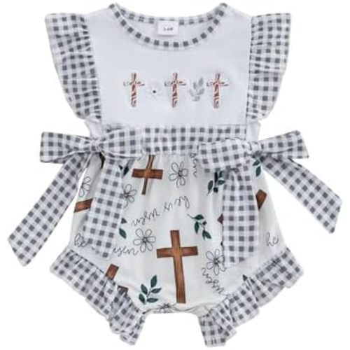 Infant Baby Girl Summer Outfit Ruffle Sleeveless Romper Cross Embroidered Bodysuit Baptism Christening Clothes