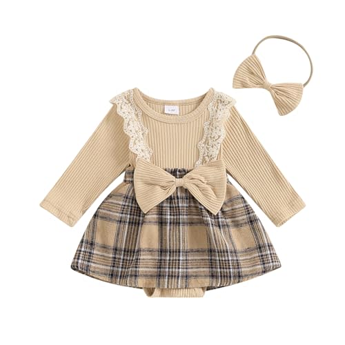 Aiwpstoin Newborn Baby Girl Romper Fall Winter Outfit Plaid Romper Dress Long Sleeve Ribbed Knit Jumpsuit with Headband
