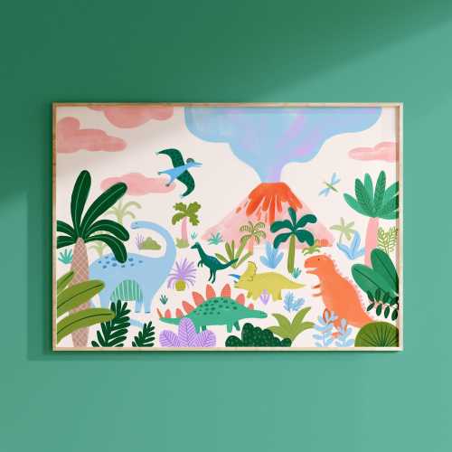 Dinosaur Scene Print. Colourful Landscape Dinosaur Wall Art for Nurseries or Children's Bedrooms