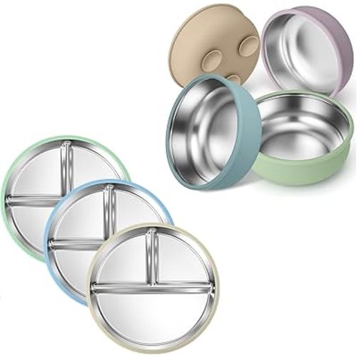 BUSOHA Stainless Steel Kids Plates and Bowls with Suction - 4 Pack Stainless Steel Baby Bowls and 3 Pack 9” Divided Toddler Plates