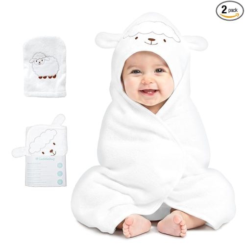 CuddleBug Hooded Baby Bath Towel & Washcloth Set (Bear) - 100% Cotton Terrycloth Hooded Baby Towels for Newborn & Toddler - Super-Soft & Absorbent, Newborn Essentials (33" x 33") - White Lamb