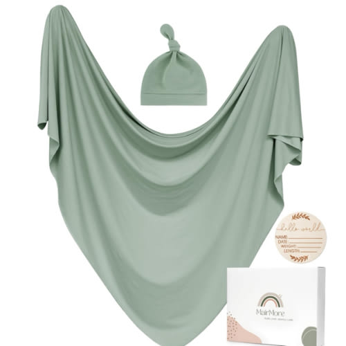 Baby Swaddle Receiving Blankets with Matching Beanie Set Newborn Nursery Swaddle Wrap for Baby Girls and Boys (Green)